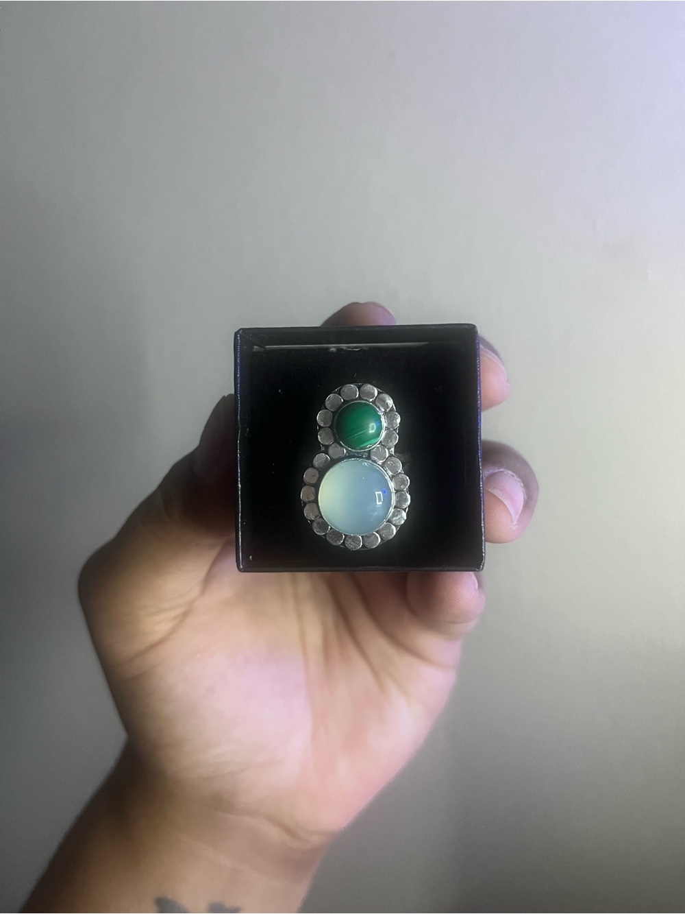 925 Sterling Silver Malachite and Chalcedony Statement Ring
